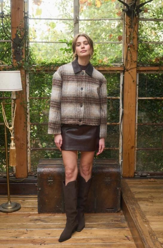 Brushed Plaid Contrast Collar Jacket (Cream Multi)