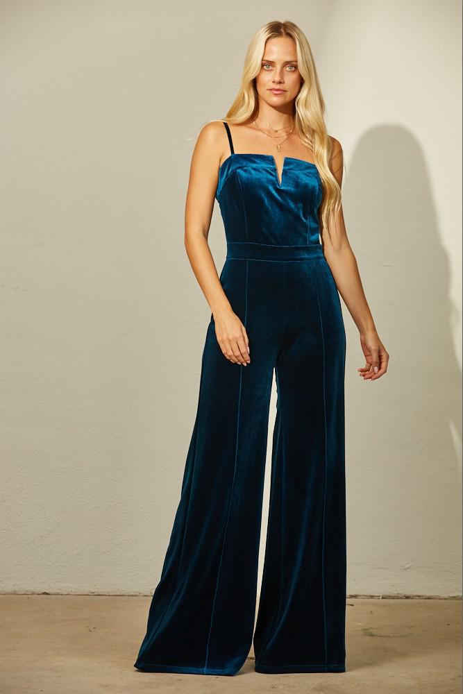 Structured V-Trim Velvet Jumpsuit (Teal)