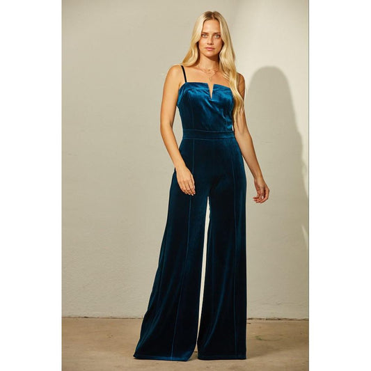 Structured V-Trim Velvet Jumpsuit (Teal)