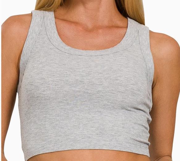 Ribbed Scoop Neck Cropped Tank Top (Heather Grey)