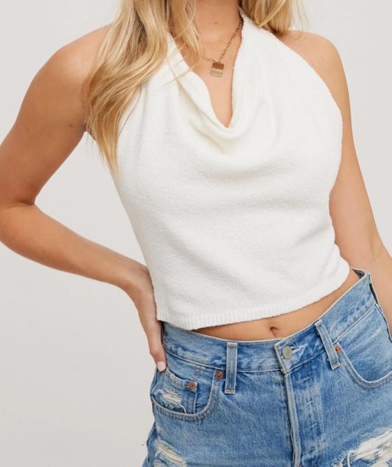 Cowl Neck Halter Knit Top Ivory