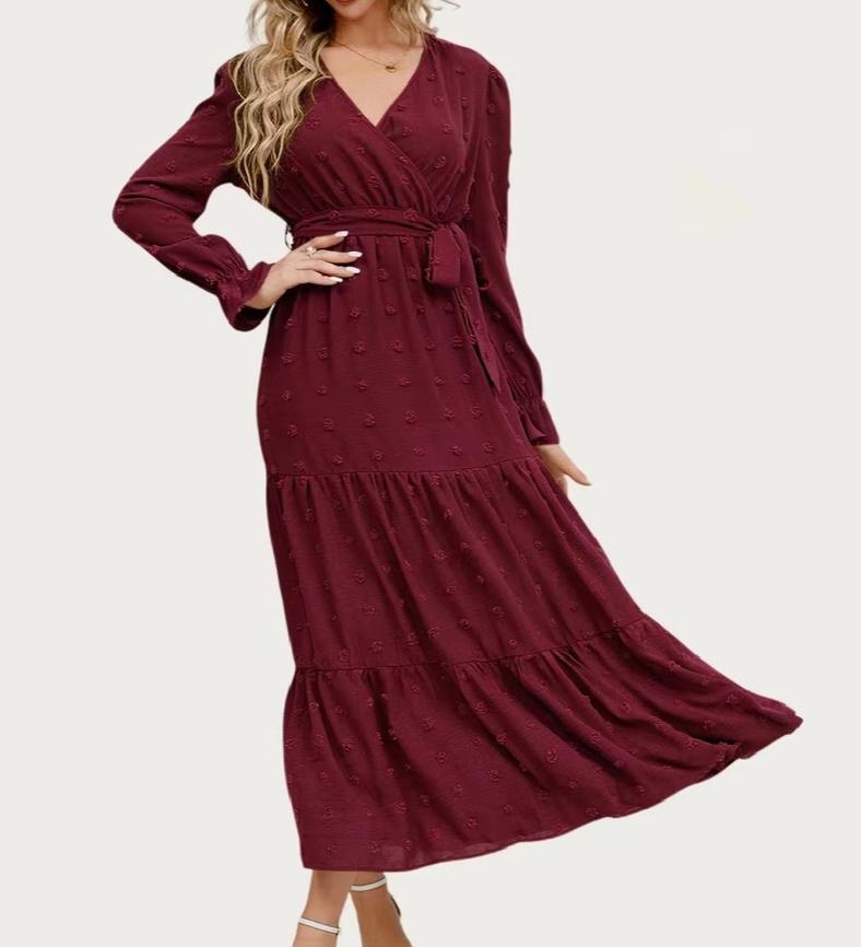 Classic Swiss Dot Surplice Neck Long Sleeve Maxi Dress (Burgundy)