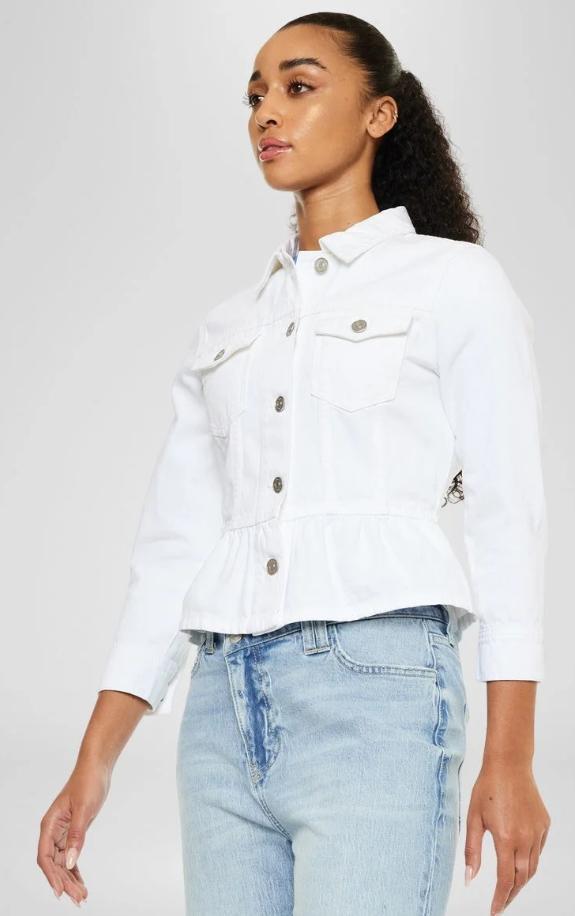 Marilou Peplum Denim Jacket – Button Down Flare Fit (White)