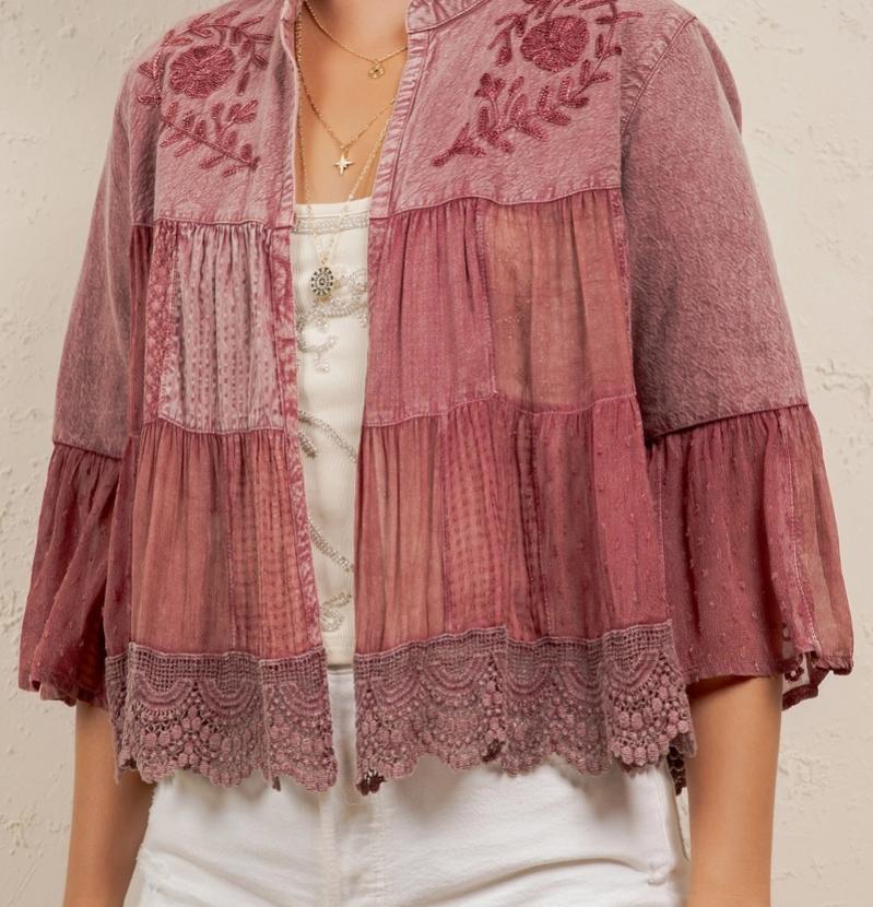 Tiered Patchwork Cropped Shrug (Garnet)