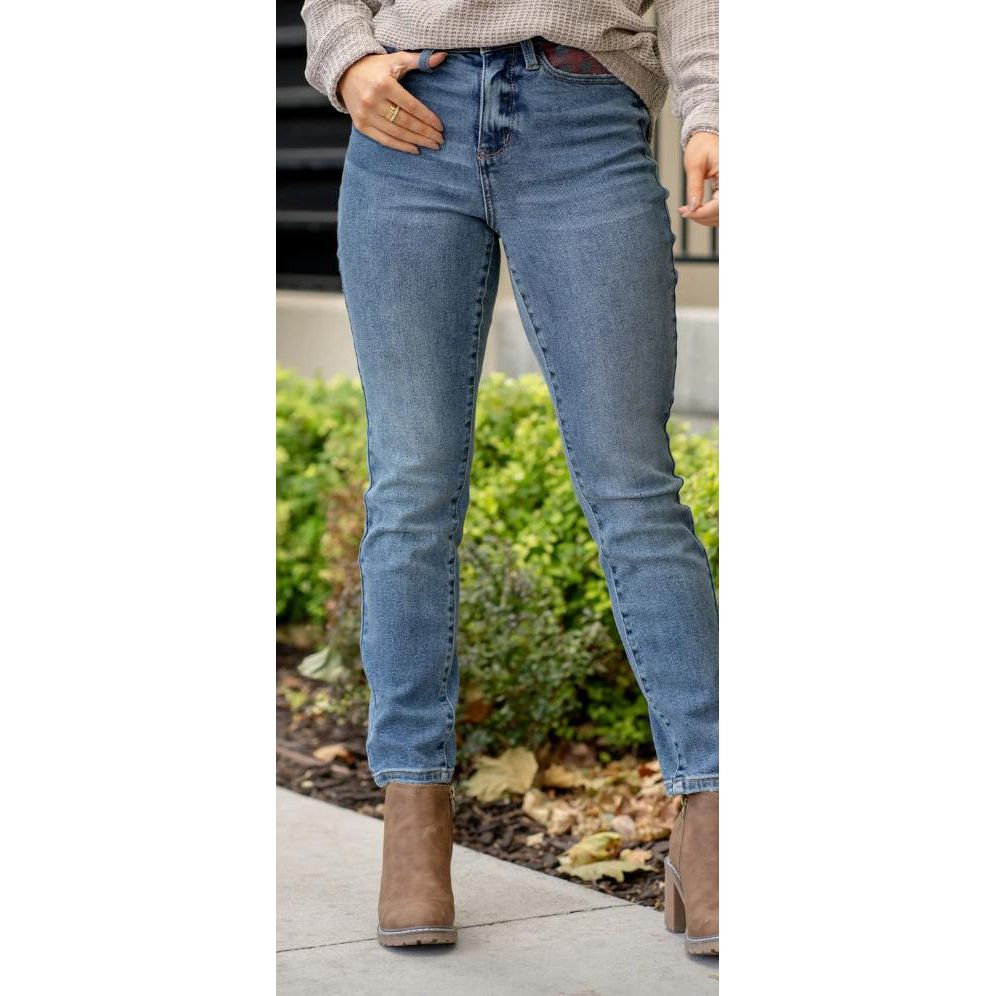 Judy Blue Plaid Patch High Rise Straight Leg