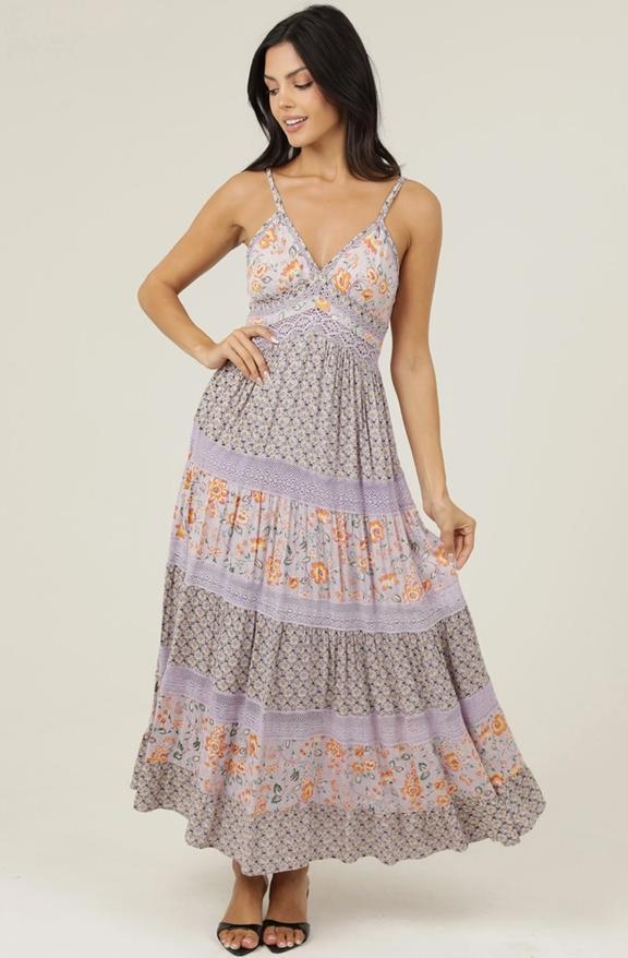 V Neck Lace Trim Mix Print Maxi Dress (Lavender)