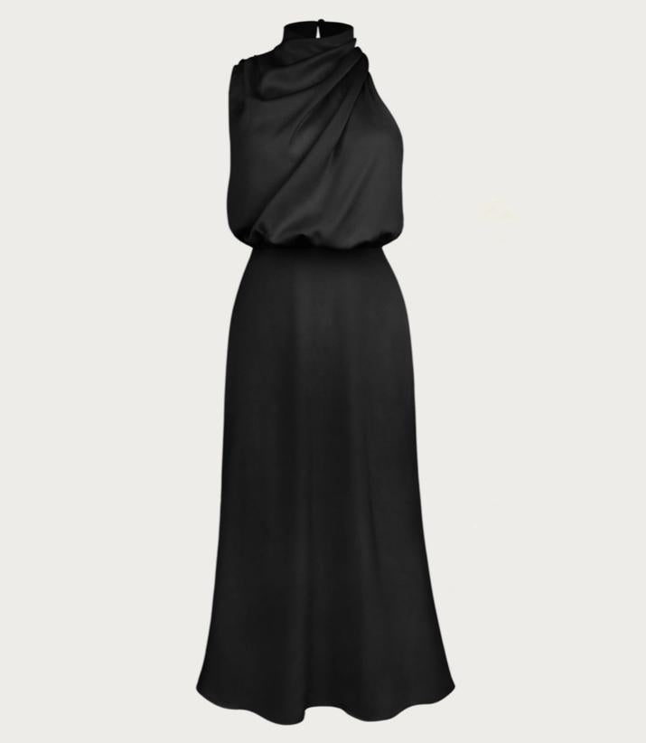 One-Shoulder Halter Formal Midi Dress (Black)