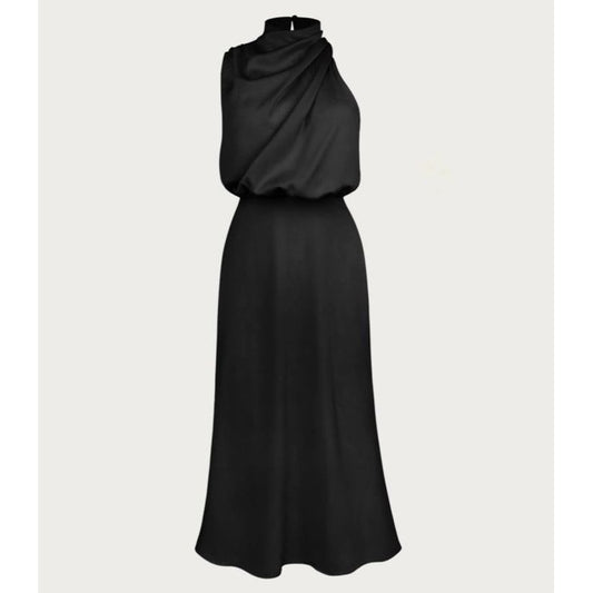One-Shoulder Halter Formal Midi Dress (Black)