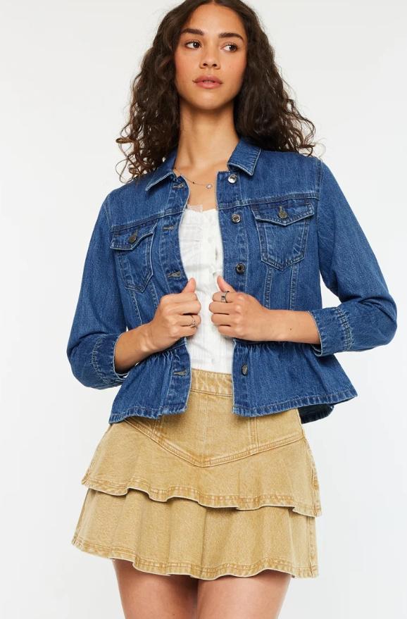 Marilou Peplum Denim Jacket – Button Down Flare Fit (Medium Wash)
