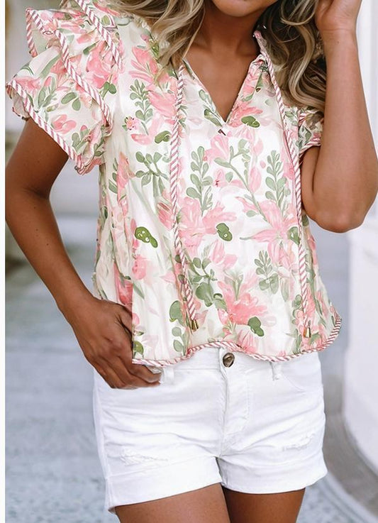 Striped Contrast Tiered Ruffled Sleeve V Neck Blouse