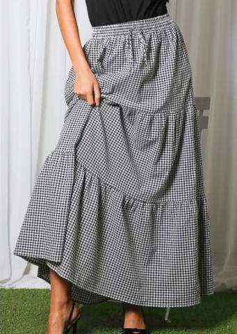 Plaid Tiered Ruffle Boho Drawstring Maxi Skirt (Black)