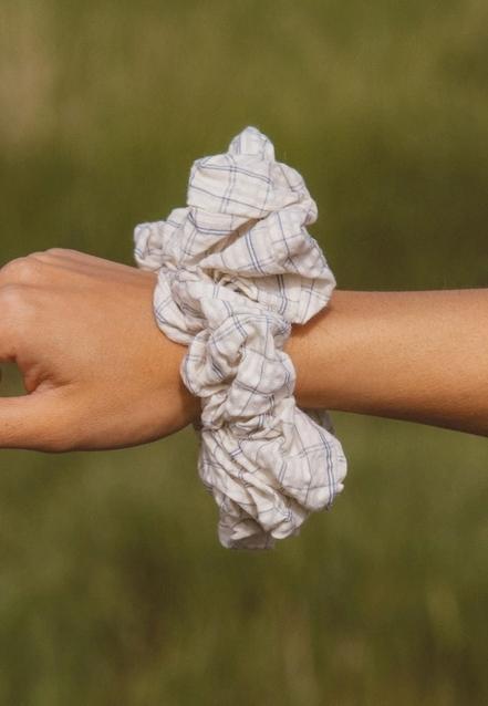 Creamy Blue Grid Jumbo Scrunchie