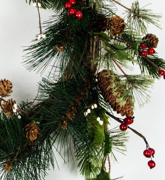 Holly, Red Berry, Pine Cone and Pine Wreath On Twig Base