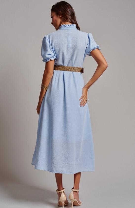Embroidered Linen Blend Button Front Midi Dress (Blue)