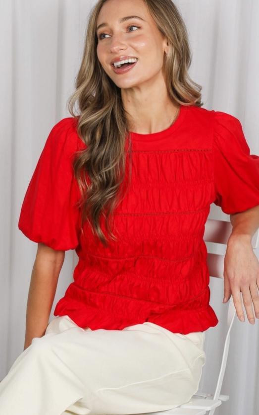 Elasticized Smocked & Trim Accent (Red)