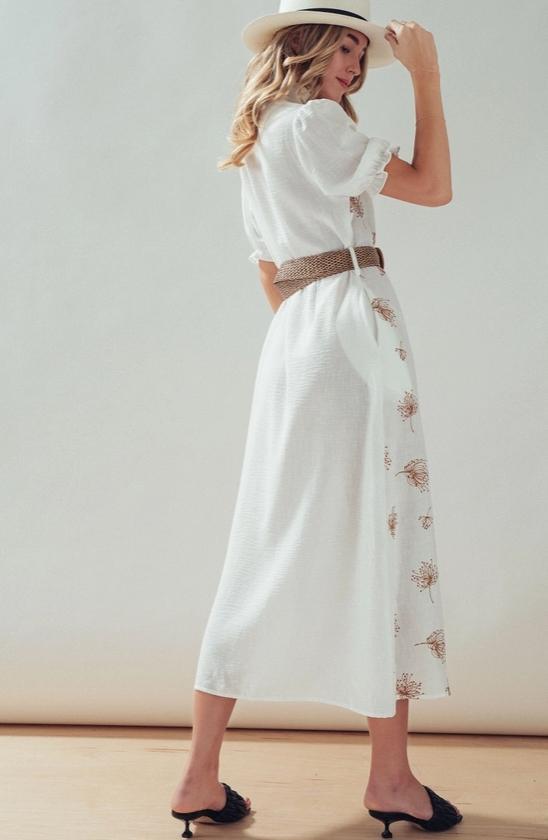 Embroidered Linen Blend Button Front Midi Dress (Ivory)