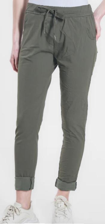 Tina Stephens Italy- Haley Stretch Cotton Tie Waist Pant (Army Green)