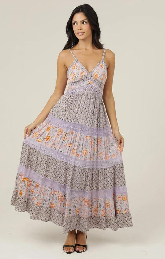 V Neck Lace Trim Mix Print Maxi Dress (Lavender)