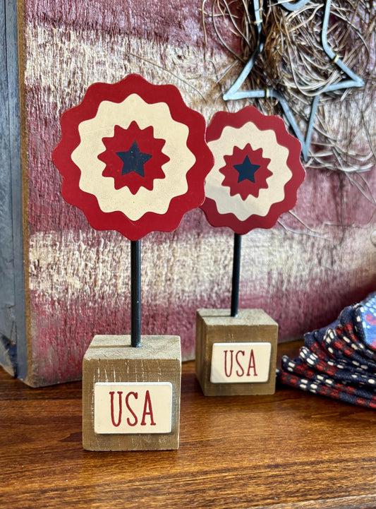"USA" Red White & Blue Star Pinwheel On Base