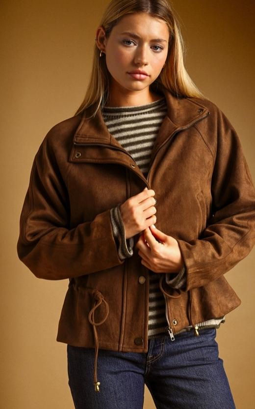 Suede Button Front High Collar Jacket (Brown)