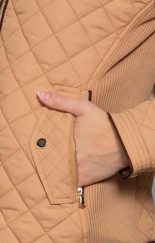 Suede Piping Detail West Virginia Rib Quilted Padding Jacket (Caramel)