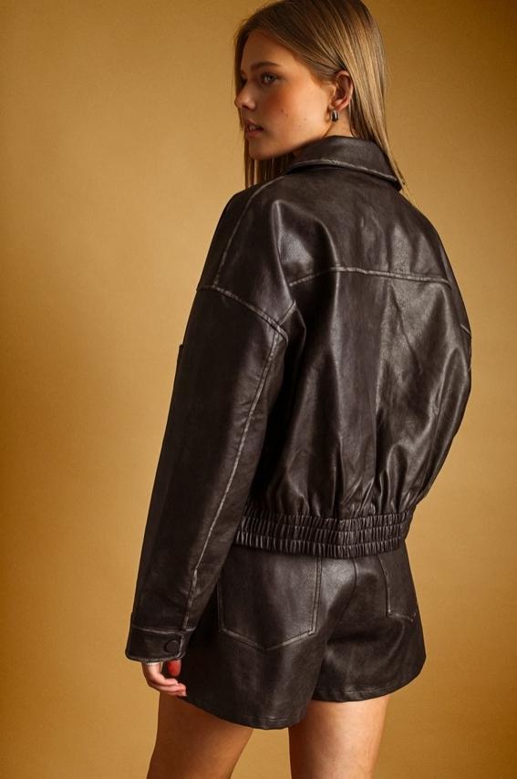 Washed Effect Button Front Pu Jacket