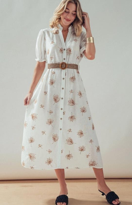 Embroidered Linen Blend Button Front Midi Dress (Ivory)