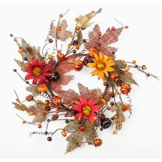 6.5 in. Burlap Leaf Candle Ring with Pumpkins, Berries, Pine