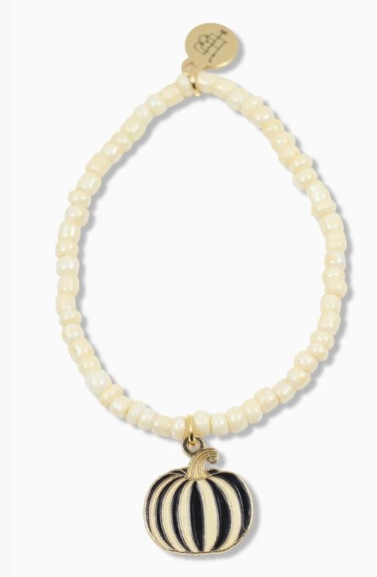 Stacker Stretch Bracelet - White Pearl Seed Bead/Black Striped Pumpkin