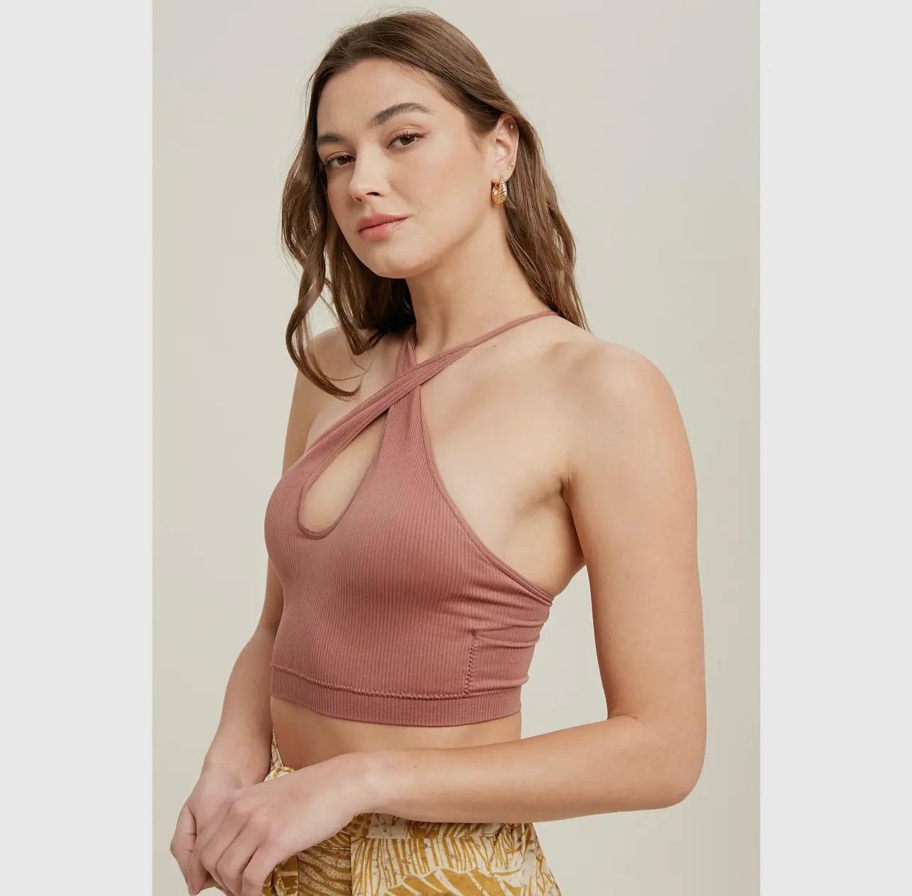 Seamless Scoop Neck Bralette With Crossback (Red Bean)