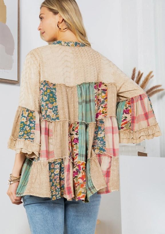Boho Patchwork Tiered Tunic with Denim Yoke (Latte)