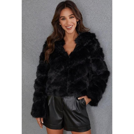 Black Faux Fur Cropped Hoodie Coat