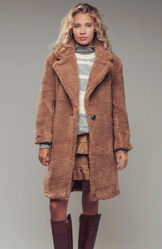 Cozy Longline Notched Lapel Teddy Coat (Camel)