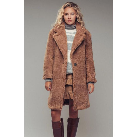 Cozy Longline Notched Lapel Teddy Coat (Camel)