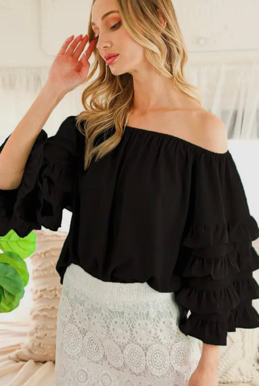 Off The Shoulder Ruffle Sleeve Top (Black)