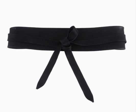 Obi Wrap Genuine Leather Belt｜Wide Tie-On Waist Cincher (Black)