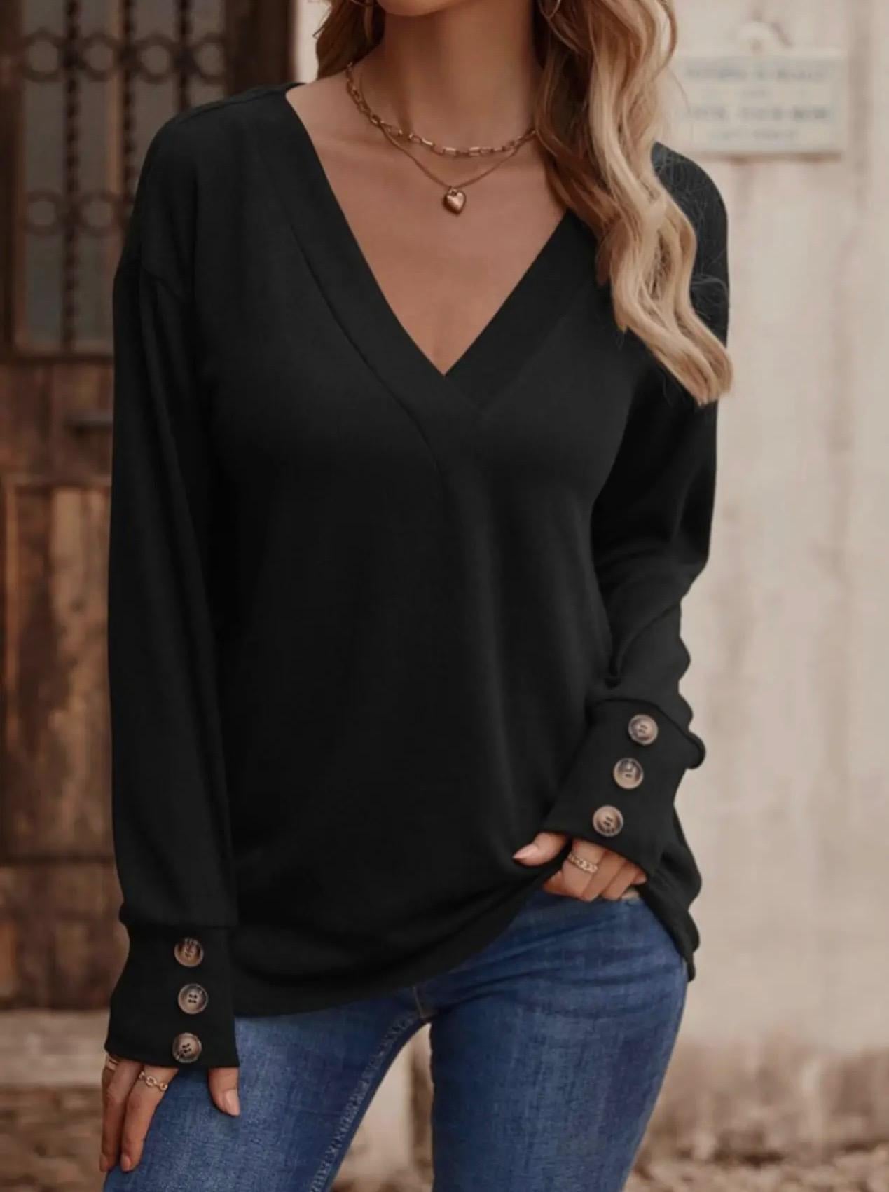 Solid V-Neck Loose Long Sleeve Button Top (Black)