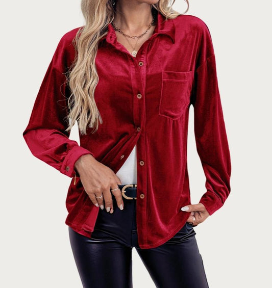 Classic Velvet Collared Long Sleeve Button-Up Shirt (Red)