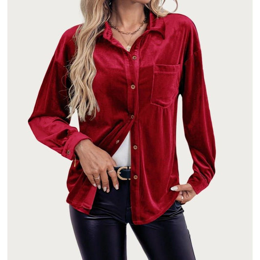 Classic Velvet Collared Long Sleeve Button-Up Shirt (Red)