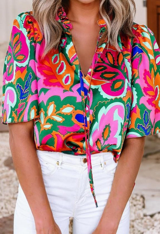 Summer Plant Print Lace Up V Neck Puff Blouse