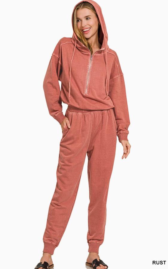 Enzyme Washed French Terry Jumpsuit (Rust)