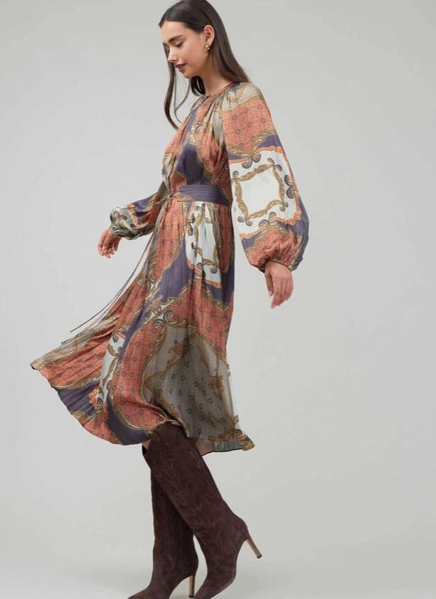 Heritage Chain Scarf Midi Dress (Brown Multi)
