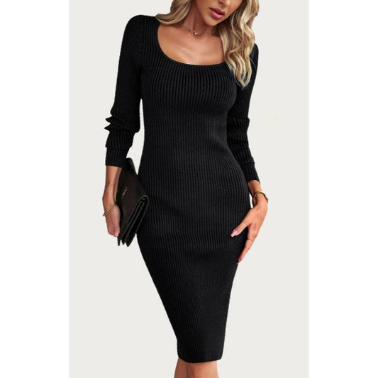 Classic Solid Ribbed Knit Long Sleeve Bodycon Midi Dress (Black)