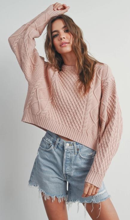 Casual Solid Cable Knit Sweater (Blush)