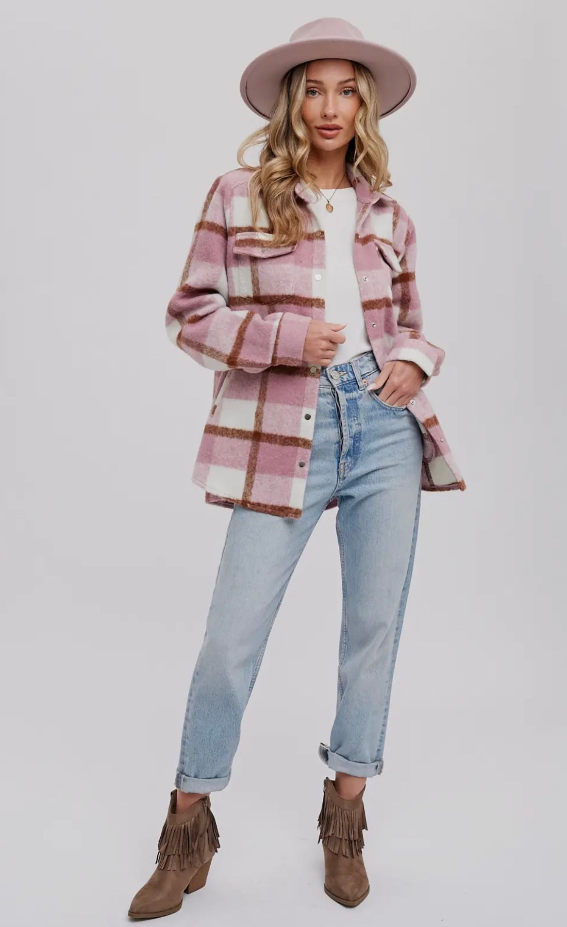 Plaid Brushed Flannel Shacket (Mauve)