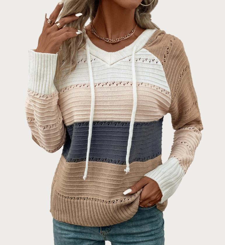 Chic Multicolor Long Sleeve Hooded Pieced Knit Sweater