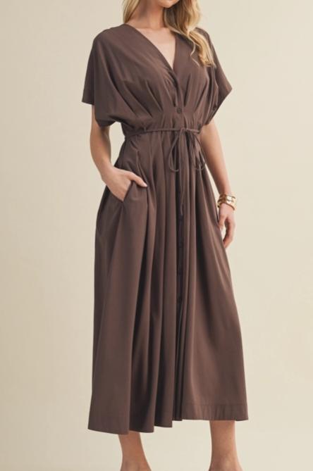 Drawstring Waist Dolman Sleeve Dress (Brown)