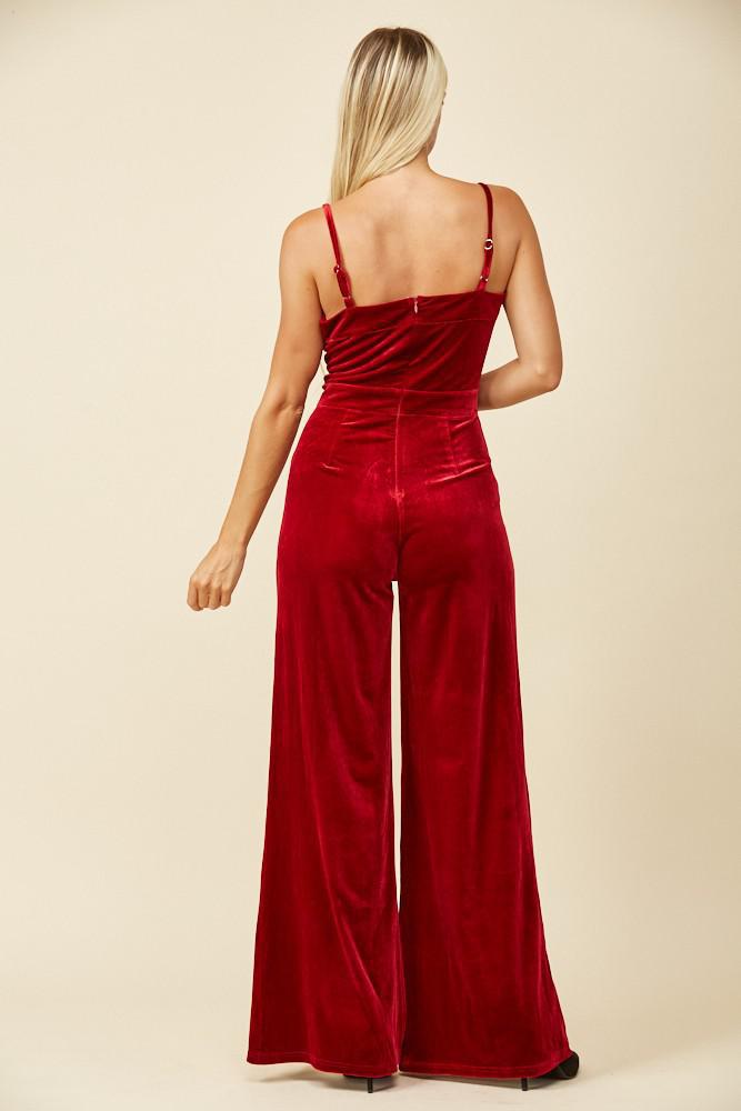 Structured V-Trim Velvet Jumpsuit (Wine)