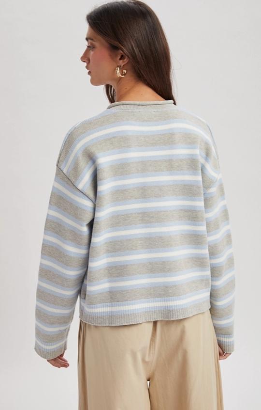 Multi-Striped Button-Up Sweater Cardigan (H. Grey Combo)