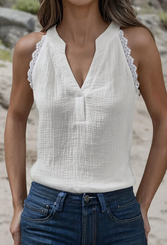Cotton Textured Lace Trim Sleeveless Top